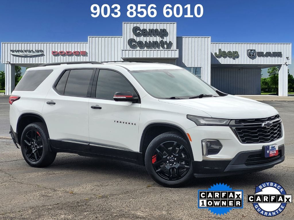 2023 Chevrolet Traverse Premier in Summit White — front three-quarter view